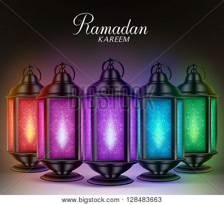 Colorful Set of Ramadan Lanterns or Fanous with Lights and Ramadan Kareem Greetings in a Dark Background. 3D Realistic Vector Illustration