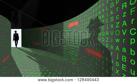 A silhouette of a hacker with a black hat in a suit enters a hallway with walls textured with random letters and common passwords 3D illustration cybersecurity concept