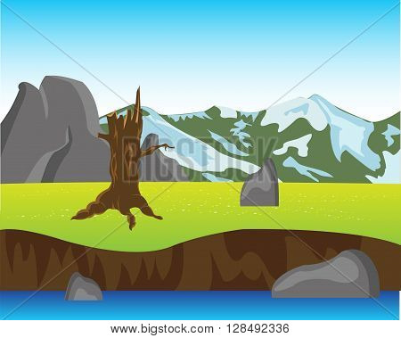 The Landscape yard and mountains year daytime.Vector illustration