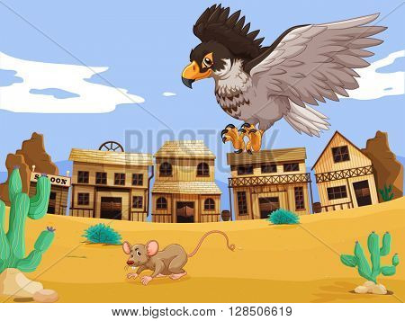 Eagle catching rat in desert illustration