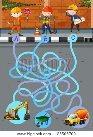 Game template with construction workers and tools illustration