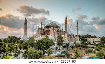 Istanbul, Turkey, 21 July 2013: View of Hagia Sophia, historic centre of Istanbul (UNESCO World Heritage List, 1985), Turkey, 6th century.