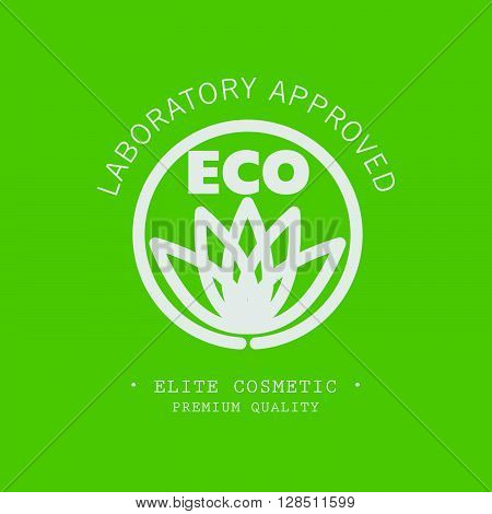 Vector flat eco product emblem. Ecological cosmetic sign. Eco badge. Natural product line. Nature certificate quality. Flower icon. Eco symbol. Natural cosmetics. Eco friendly logo. Bio organic product.