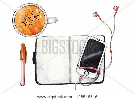 Coffee cup, notebook, pen, smartphone and headphones on white background. Watercolor mockup, watercolor illustration. Template for design