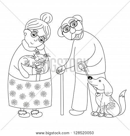 Cute darling grandmother and grandfather, granny with cat and old man with dog on leash, vector illustration, coloring book page for children