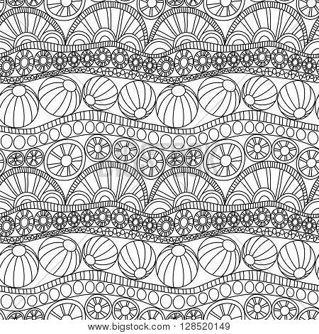 Doodle abstract seamless ornament. Coloring page doodle ornament. Monochrome seamless pattern for coloring. Monochrome textile doodle pattern. Repeating doodle abstract background.