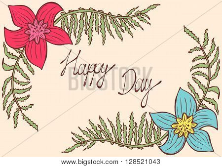 Happy day. Vintage colorful background with ancient flowers like narcissus and fern branch in hand drawn style, hand-drawn vector illustration
