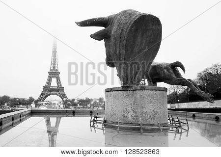 Sculptures and fountains on Trocadero and Eiffel Tower in Paris, France. Black and white vintage image.