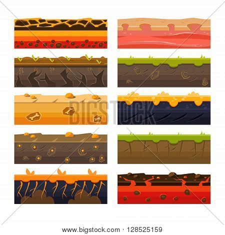 Different Ground Platformer Level Floor Design Set In 2-d Vector Looped Pattern Of Simplified Flat Design