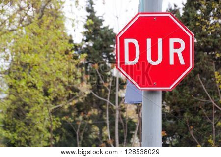 Turkish stop sign dur on the street at green trees background