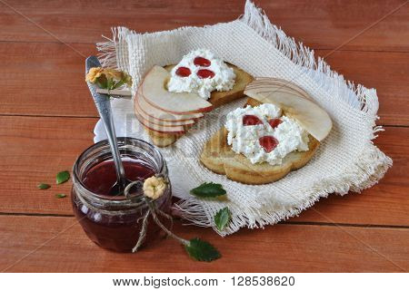 breakfast toast with cheese and apple, healthy food.