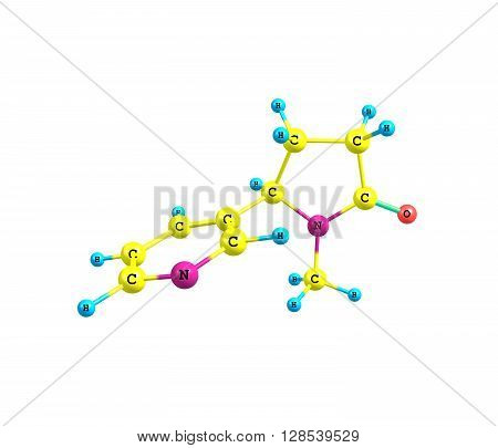 Cotinine is an alkaloid found in tobacco and is also a metabolite of nicotine. The word - cotinine is an anagram of nicotine. 3d illustration