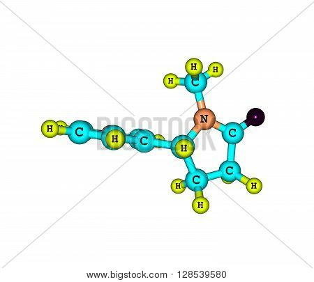 Cotinine is an alkaloid found in tobacco and is also a metabolite of nicotine. The word - cotinine is an anagram of nicotine. 3d illustration