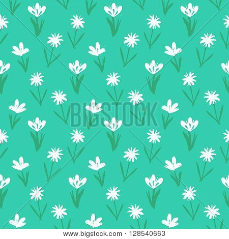 Ditsy spring floral pattern with small hand drawn white flowers on bright blue background. Seamless vector vintage texture. Colorful artistic grunge print for spring summer fashion.