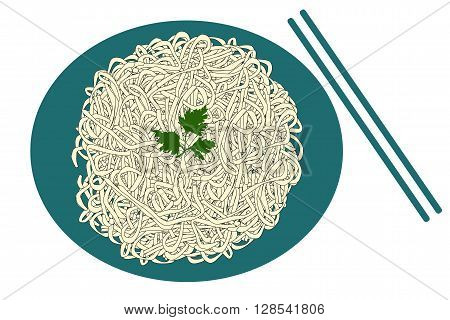Blue plate of noodles and sticks on white background, vector