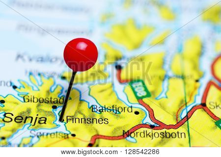 Finnsnes pinned on a map of Norway