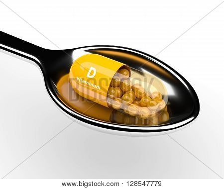 3D Vitamin D Pill On Spoon Over White