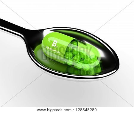 3D Vitamin B3 Pill On Spoon Over White
