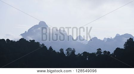Background of gray mountain in rainy tropical forest in Thailand with dark forest in foreground
