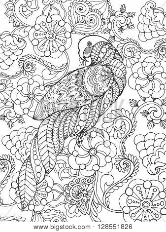 Parrot in fantasy garden. Animals. Hand drawn doodle. Ethnic patterned illustration. African, indian, totem tatoo design. Sketch for avatar, tattoo, poster, print or t-shirt.