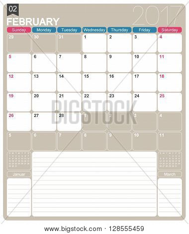February 2017 English printable monthly calendar template week starts on Sunday.