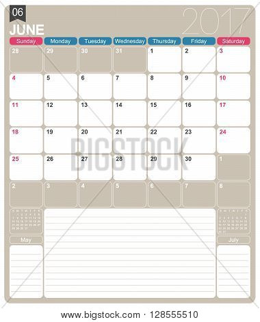June 2017 English printable monthly calendar template week starts on Sunday.