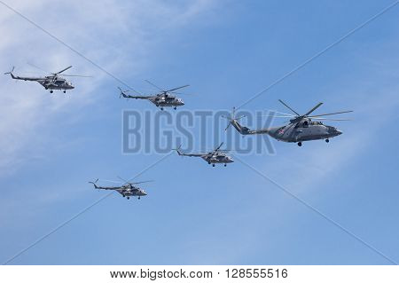 Mi-26 (halo) And Mi-8Amtk (hip) Helicopters Fly On Military Parade Devoted To 70Th Anniversary Of Vi