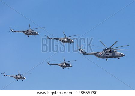 Mi-26 (halo) And Mi-8Amtk (hip) Helicopters Fly On Military Parade Devoted To 70Th Anniversary Of Vi