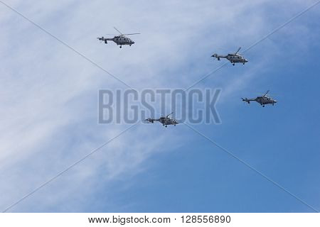 Ansat-u Light Multipurpose Helicopters Fly On Military Parade Devoted To 70Th Anniversary Of Victory