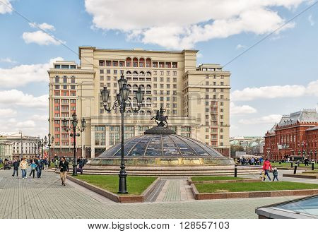 Moscow Russia - April 24 2016: Four Seasons Hotel. Modern replica of the legendary Hotel Moskva originally opened in 1935 luxurious Four Seasons Hotel Moscow is connected to history yet stylish and contemporary.