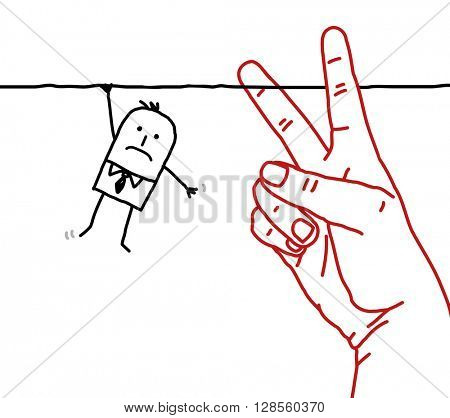 big hand with cartoon character - cutting