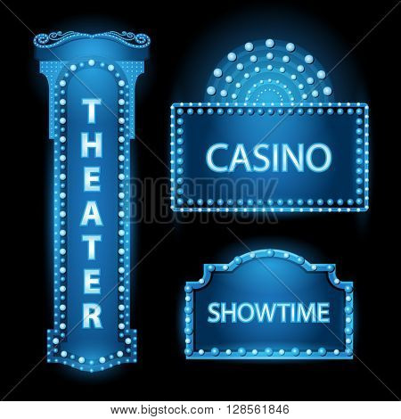 Brightly blue theater glowing retro cinema neon sign