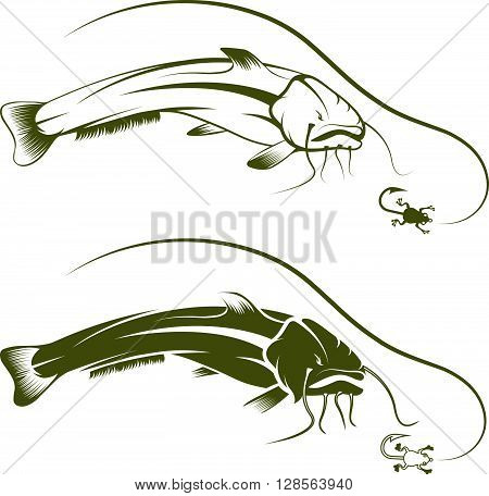 Hook With Frog And Catfish Vector Design Template
