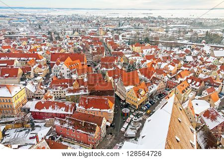 Panoramic top view on winter medieval town within fortified wall. Nordlingen, Bavaria, Germany.