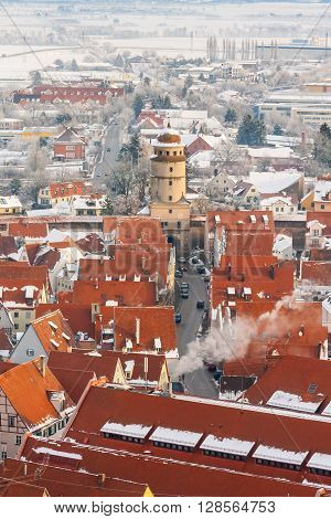 Panoramic top view on winter medieval town within fortified wall. Nordlingen, Bavaria, Germany.
