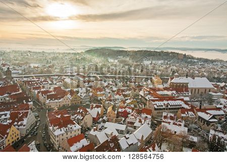 Panoramic top view on winter medieval town within fortified wall. Nordlingen, Bavaria, Germany.