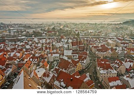 Panoramic top view on winter medieval town within fortified wall. Nordlingen, Bavaria, Germany.
