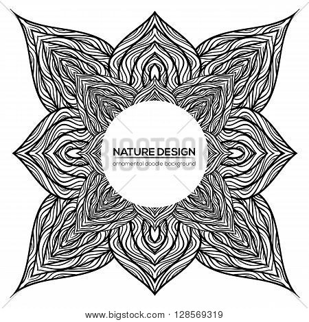 Vector nature decor for your design with abstract flowers. Vector round mandala in childish style. Ornamental doodle background.