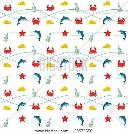 Seamless nautical background pattern with dolphins crabs bottles shells starfish and waves vector illustration