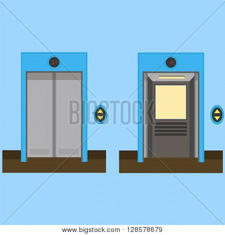 Metal Office Building Elevator on Blue Background. Closed and Open Doors. Flat Design. Doors of Elevator. Pass Elevator Icon.