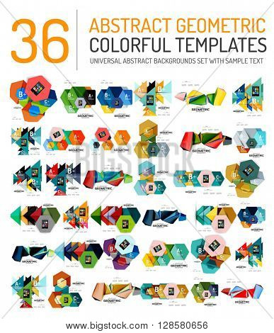 Collection of abstract backgrounds - colorful textured glossy geometric shape compositions with infographics option sample text, repetition of elements. Colorful geometric universal template, bright