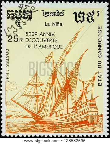 MOSCOW RUSSIA - MAY 01 2016: A stamp printed in Cambodia shows ship Nina 1st expedition of Columbus (1492) series 