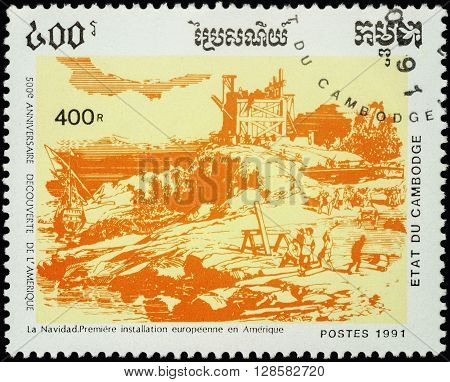 MOSCOW RUSSIA - MAY 01 2016: A stamp printed in Cambodia shows La Navidad founded by Columbus in America (1492) series 