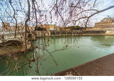 ROME - January 12: Nice view of the river Tiber January 12 2016 in Rome Italy.