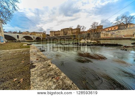ROME - January 12: Nice view of the river Tiber January 12 2016 in Rome Italy.