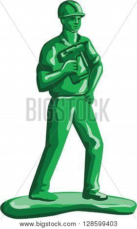 Illustration of a green plastic toy construction worker standing wearing hard hat holding nailgun and other hand on hips viewed from front set on isolated white background done in retro style.