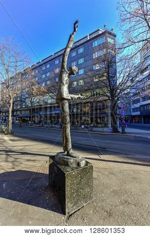 Oslo, Norway - February 27, 2016: Leif Juster Statue in Oslo Norway outside Chat Noir.