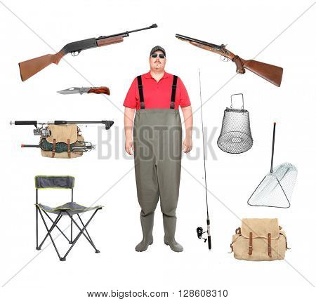 Great collection of a fishing and hunting equipment isolated on a white background. Hunter or fisherman in waders with accessories.