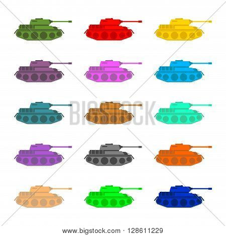 Set Multicolored Tanks. Military Equipment On White Background, Armored Combat Vehicle, Tracked With