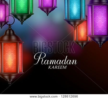 Hanging Lanterns or Fanous in a Dark Glowing Background with Ramadan Kareem Greetings. 3D Realistic Vector Illustration